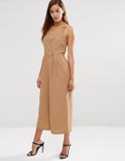 Asos Sleeveless Jumpsuit In Linen - Camel
