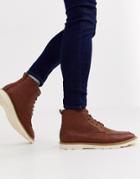 Asos Design Lace Up Boots In Tan Faux Leather With White Sole