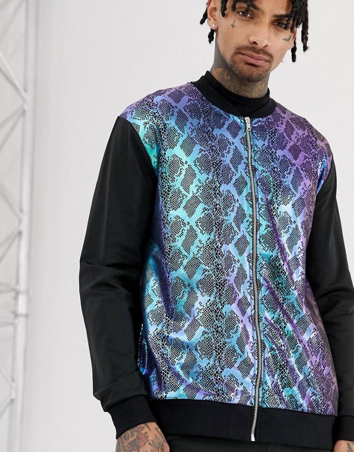 Asos Design Two-piece Poly Tricot Bomber Jacket With Snake Front-black