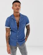 Asos Design Stretch Slim Denim Shirt In Mid Wash With Revere Collar-blue