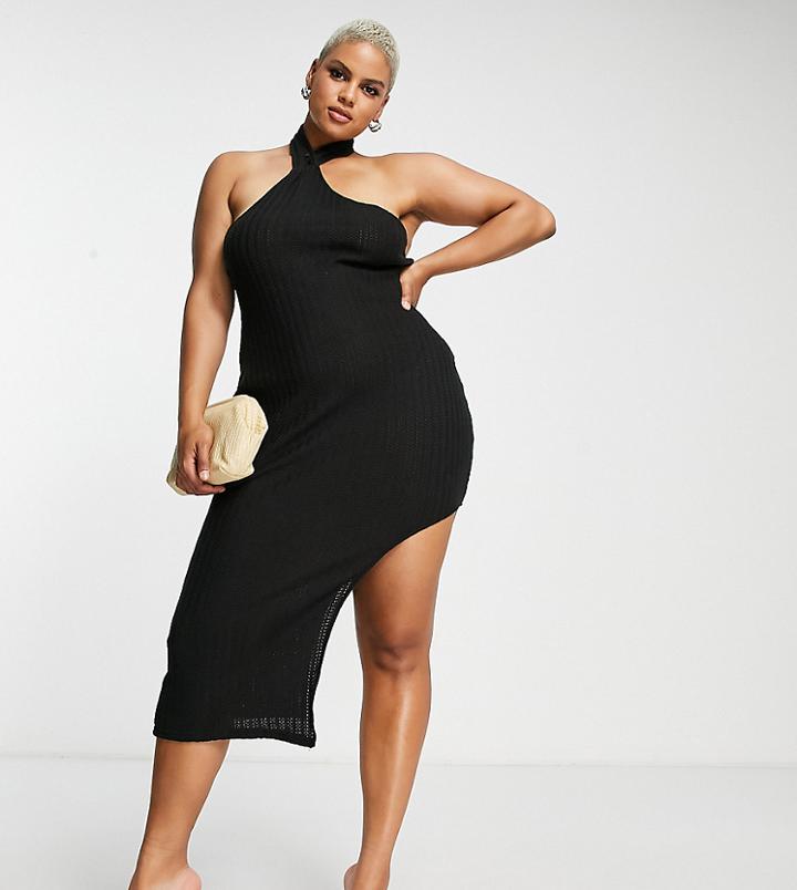 Simmi Plus Halterneck High Thigh Split Midi Dress In Black
