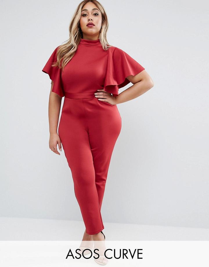 Asos Curve Jumpsuit In Scuba With Cape Detail - Red