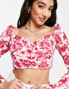 In The Style X Billie Faiers Square Neck Puff Sleeve Crop Top In Pink Floral Print-multi
