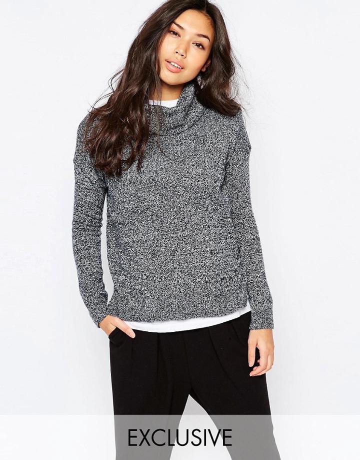 Native Youth Roll Neck Salt & Pepper Crop Sweater - Navy