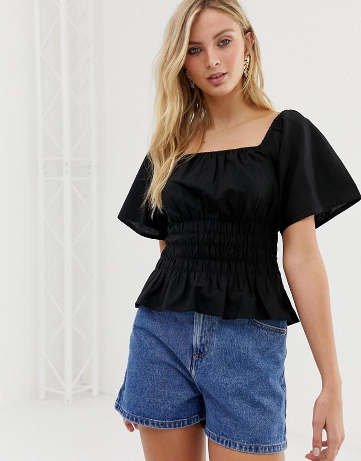 Asos Design Square Neck Shirred Sun Top With Pep Hem - White