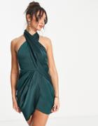 Asos Design Wrap Neck Drape Mini Dress In Soft Washed Twill-green