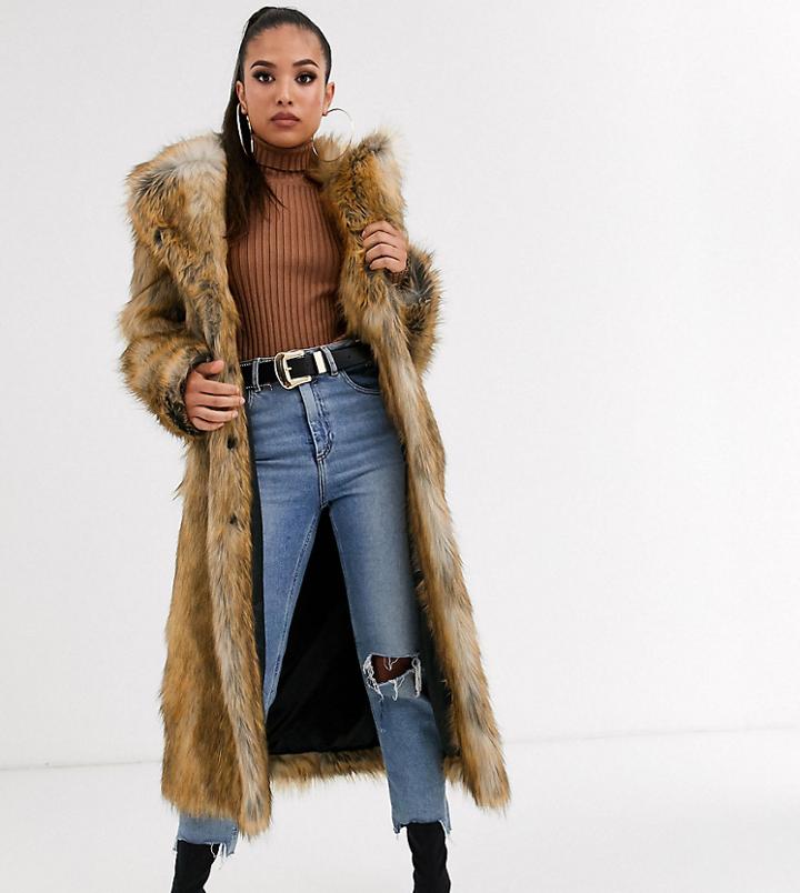 Asos Design Petite Luxe Vintage Inspired Faux Fur Maxi Coat In Brown