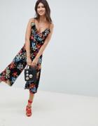 Influence Tropical Print Wide Leg Jumpsuit - Black