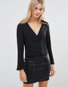 Neon Rose Flared Sleeve Blouse - Black