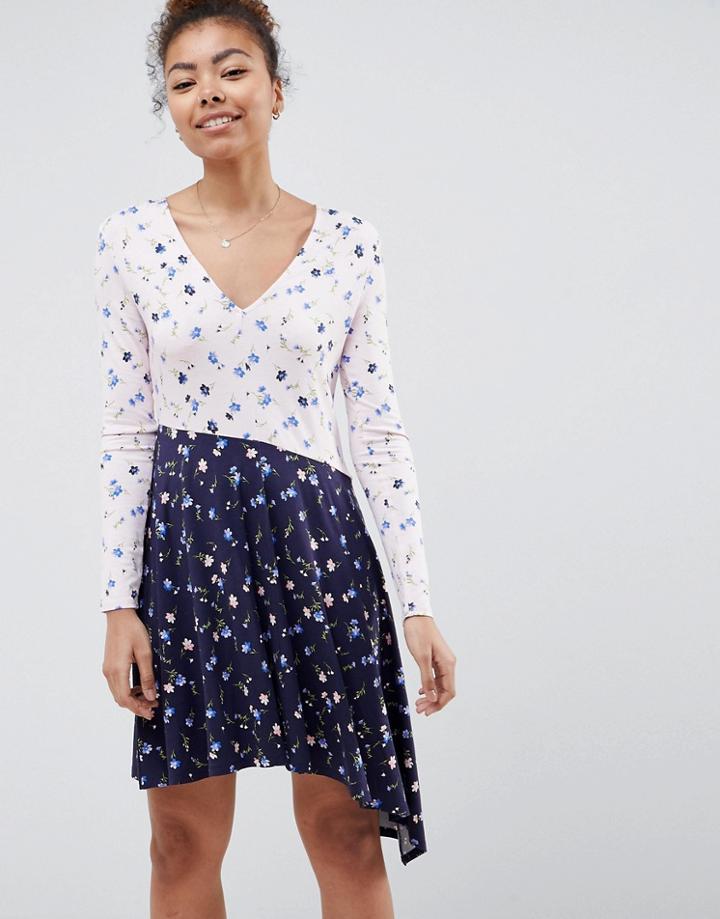 Asos Design Mixed Print Tea Dress With V Back And Fluted Sleeve - Multi
