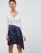 Asos Design Mixed Print Tea Dress With V Back And Fluted Sleeve - Multi
