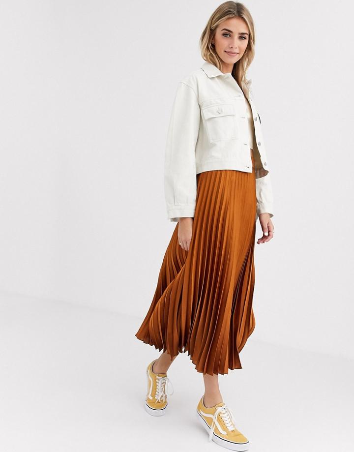 New Look Satin Pleated Midi Skirt In Rust