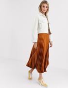 New Look Satin Pleated Midi Skirt In Rust