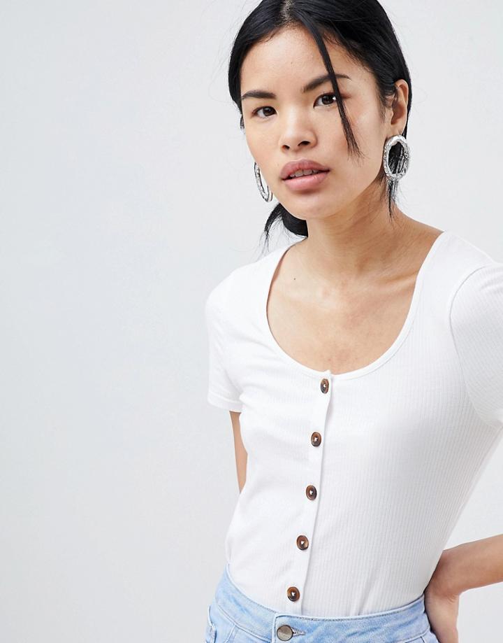 New Look Button Through Rib Tee - White