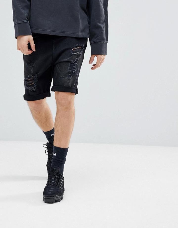 Asos Design Drop Crotch Denim Shorts With Extreme Rips In Washed Black - Black