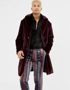 Asos Design Longline Overcoat In Faux Fur-red
