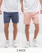 Asos 2 Pack Slim Chino Shorts In Blue & Pink Save - Multi