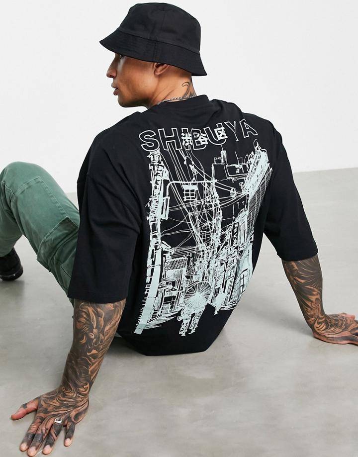 Asos Design Oversized T-shirt In Black With Line Drawing Front & Back City Print