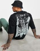 Asos Design Oversized T-shirt In Black With Line Drawing Front & Back City Print