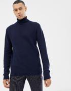 Brave Soul Roll Neck Sweater In 100% Cotton - Navy