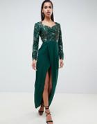 Virgos Lounge Darline Embellished Sweetheart Maxi Dress With Thigh Split In Emerald Green - Green