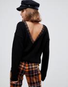 Glamorous Scoop Back Knitted Sweater With Lace Trim-black