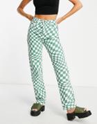 Cotton: On Straight Leg Jeans In Green Checkerboard