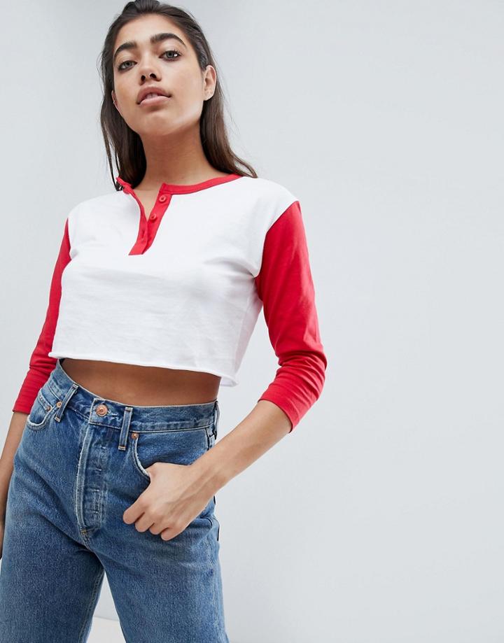 Asos Design Crop T-shirt With Contrast Sleeve And Button Placket - White