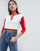 Asos Design Crop T-shirt With Contrast Sleeve And Button Placket - White