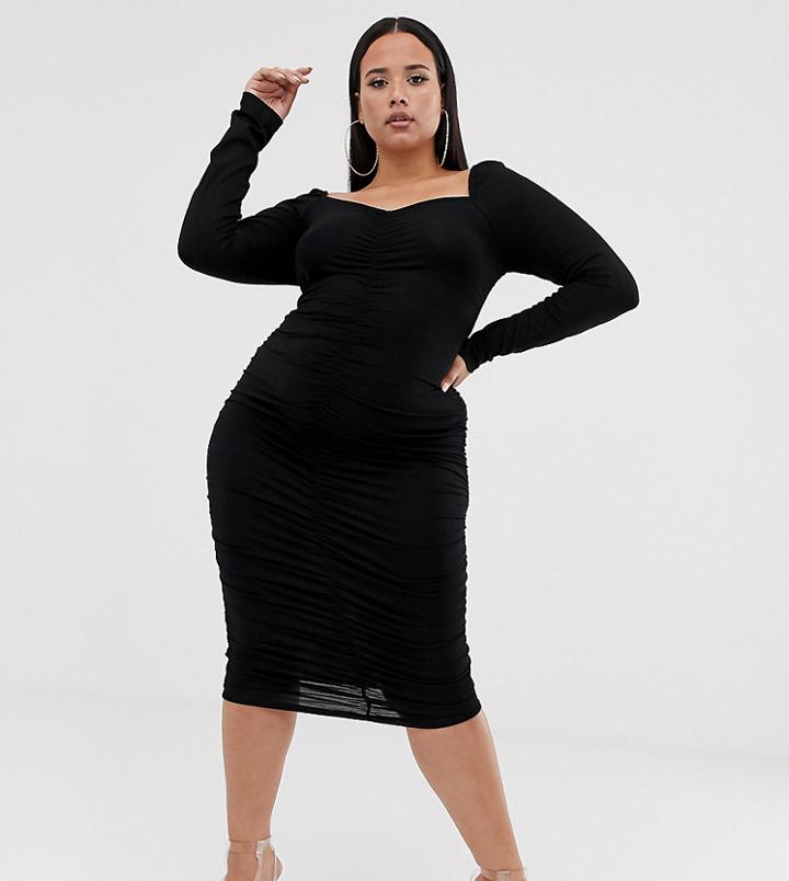 Asos Design Curve Square Neck Ruched Midi Dress-black