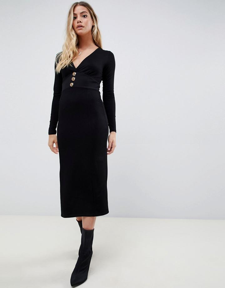 Asos Design Mixed Fabric Faux Horn Button Midi Dress - Black