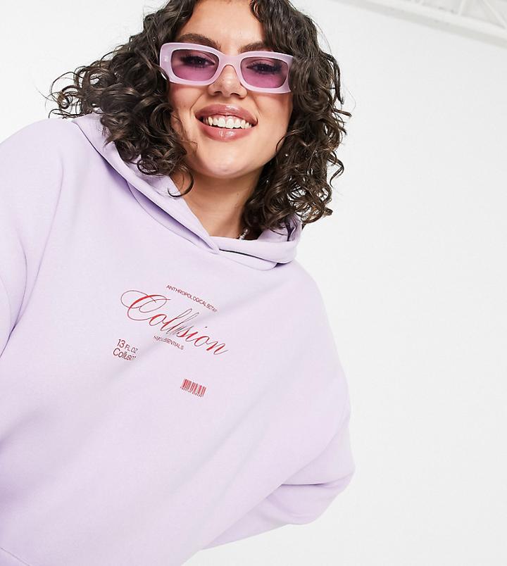 Collusion Plus Oversized Hoodie With Branding In Lilac - Part Of A Set-purple
