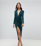 John Zack Tall Plunge Front Wrap Maxi Dress - Green