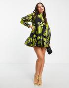 Asos Design Pep Hem Tie Neck Mini Dress In Floral Metallic Jacquard-multi