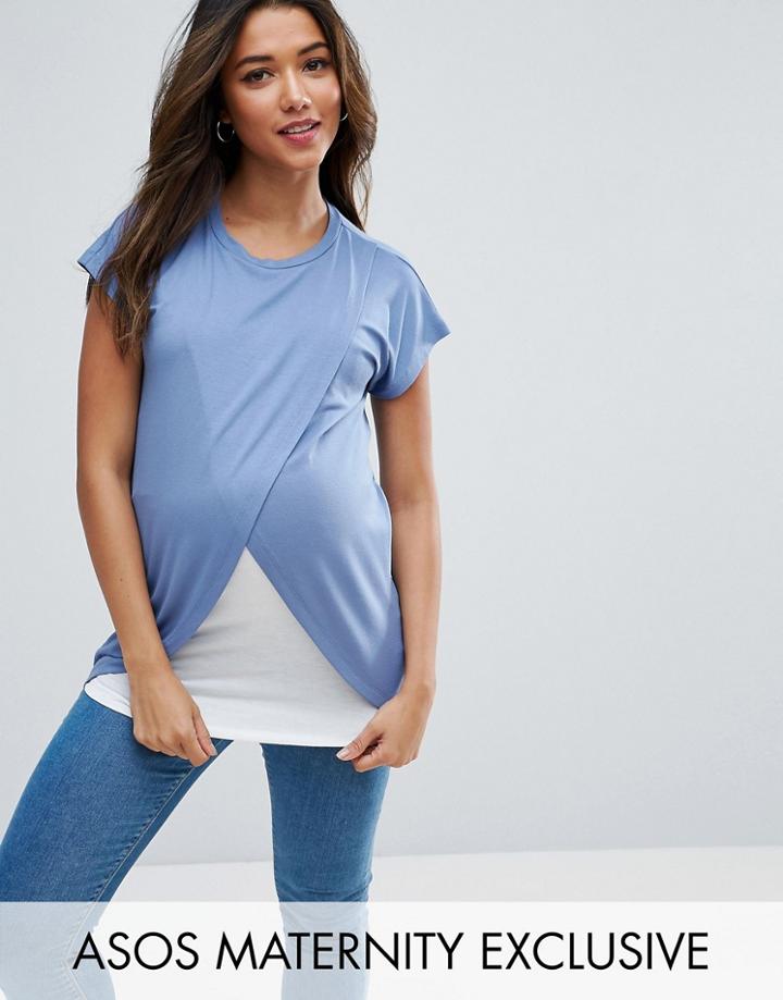 Asos Maternity Nursing T-shirt With Wrap Overlay - Blue
