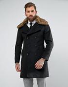 Gianni Feraud Premium Removable Faux Fur Collar Cashmere Blend Military Coat - Black