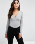 Asos Plunge Neck Top With Long Sleeves - Gray