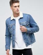 New Look Denim Jacket In Mid Wash Blue With Fleece Lining & Collar - B