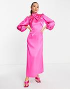 Asos Design Wrap Front Satin Maxi Tea Dress In Pink