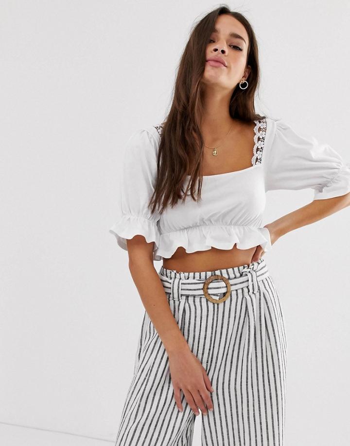 Asos Design Square Neck Crop Top With Lace Trim-white