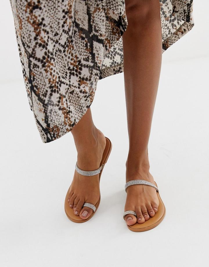 Asos Design Fairness Embellished Toe Loop Flat Sandals-beige