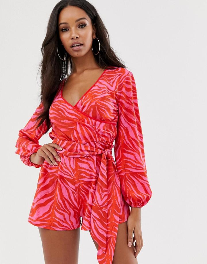 Asos Design Wrap Front Long Sleeve Romper In Bright Zebra Animal Print - Multi