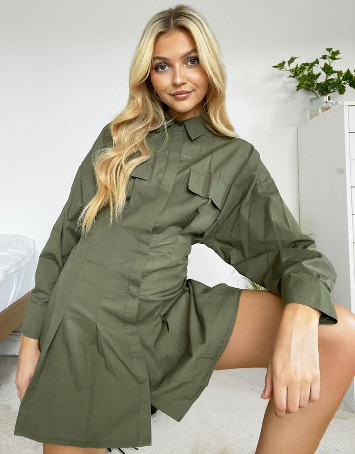 Bershka Oversized Shirt Dress With Pleats In Khaki-green