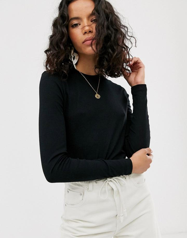 Weekday Fine Ribbed Long Sleeves T-shirt In Black - Black