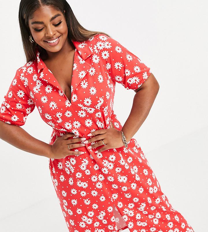 Asos Design Curve Ultimate Midi Tea Dress In Red Floral Print-multi