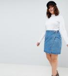 Asos Design Curve Denim Wrap Skirt In Stonewash Blue - Blue