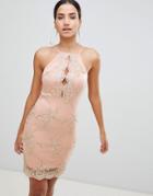 Ax Paris Bodycon Dress With Contrast Lace Detail-pink