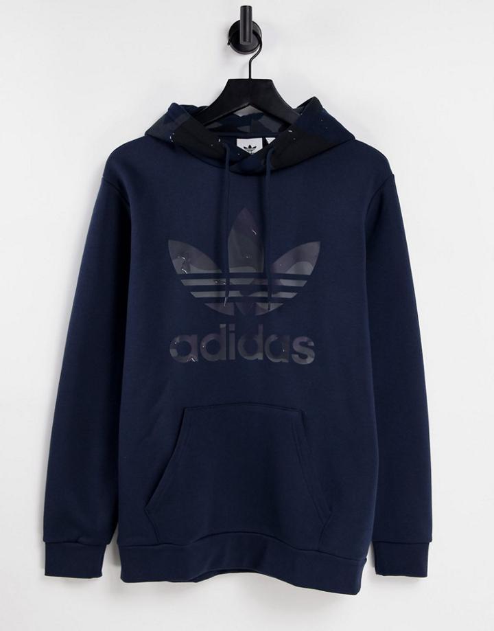 Adidas Originals Camo Branded Hoodie In Navy With Contrast Hood