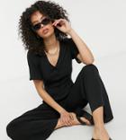 Asos Design Tall Bubble Crepe Short Sleeve Tea Culotte Jumpsuit In Black