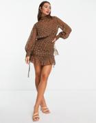 Asos Design High Neck Mini Dress In Textured Chiffon With Ruched Skirt And Ruffle Detail-brown